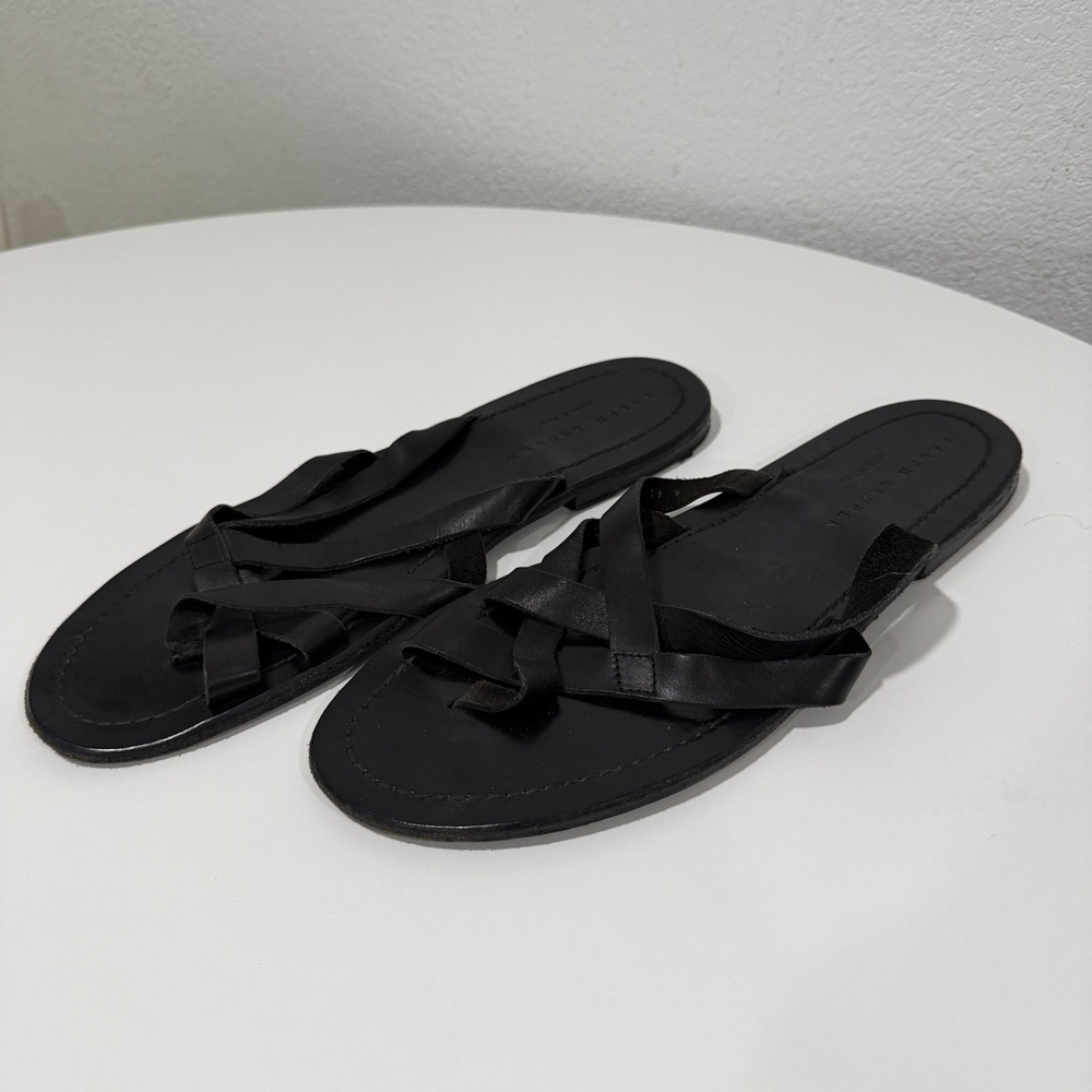 Ralph Lauren Black Leather Strappy Flat Slide Sandals Made in Italy Size 11